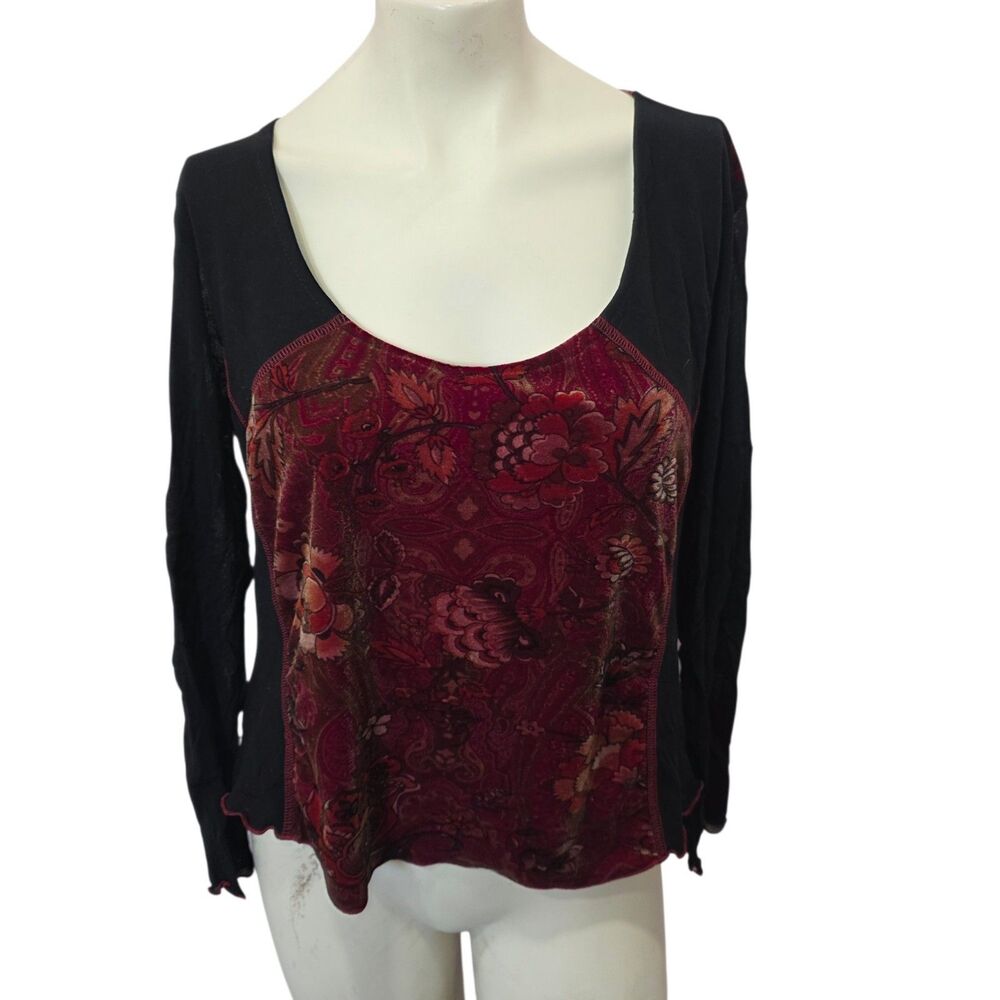 Coldwater Creek Floral Velvet Burnout‎ Top Women's M Burgundy Black Boho Mesh